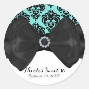 Aquamarin & Black Damask Chic Bow Glam Sweet 16 Pa Runder Aufkleber