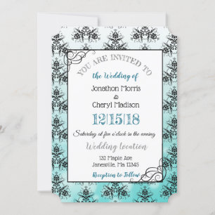 Aquamarin Black Damask Classy Wedding Einladungen