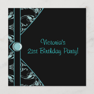 Aquamarin Black Damask Frauen 21. Geburtstag Party Einladung