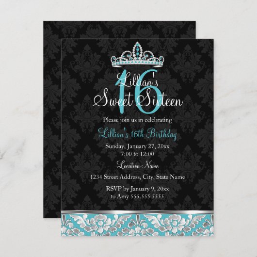 Aquamarin Black Damask & Tiara Sweet 16 Einladung (Vorne/Hinten)