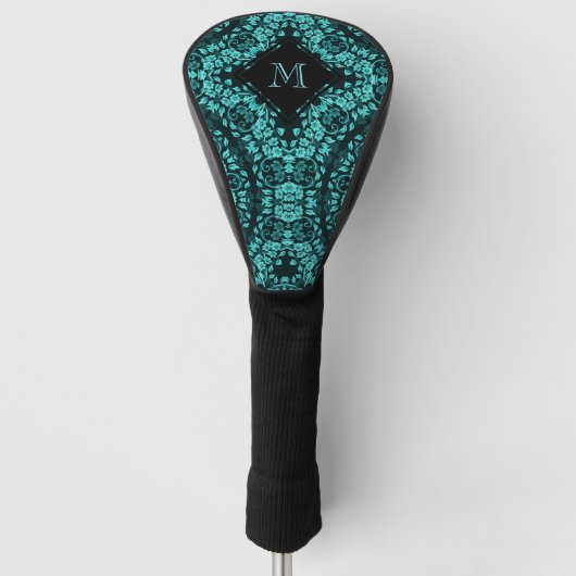 Aquamarin Black Floral Mandala Monogram Golf Headcover (Vorderseite)