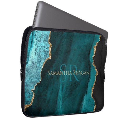 Aquamarin, Black & Gold Agate, DIY Gold Name & Mon Laptopschutzhülle (Vorne Rechts)
