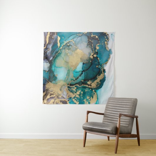 Aquamarin Black Gold Alcohol Ink Fluid Artabstract Wandteppich (Beispiel (Horizontal))