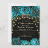 Aquamarin Black Gold String Light Star Quinceañera Einladung (Vorderseite)