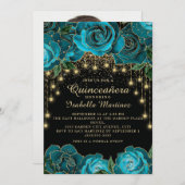 Aquamarin Black Gold String Light Star Quinceañera Einladung (Vorne/Hinten)