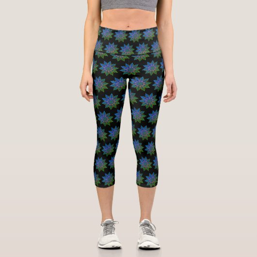 Aquamarin & Black Lotus Mandala Capri Leggings (Vorderseite)