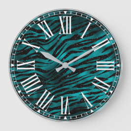 Aquamarin & Black Ombre Glam Glitzer Tiger Streife Große Wanduhr