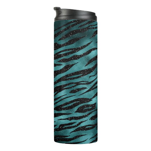 Aquamarin & Black Ombre Glam Glitzer Tiger Streife Thermosbecher (Nach rechts gedreht)