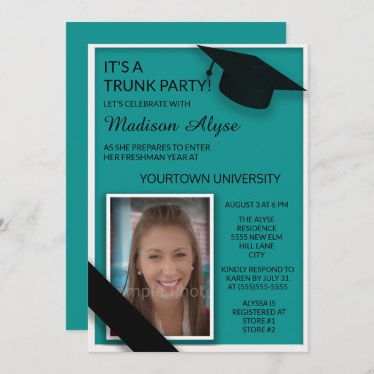 Aquamarin Black Uni Trunk Party Dorm Dusche Foto Einladung (Vorne/Hinten)