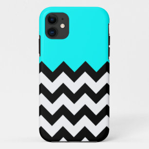 Aquamarin-Blau-auf-Schwarz-&-Weiß-Zickzack-Muster iPhone 11 Hülle