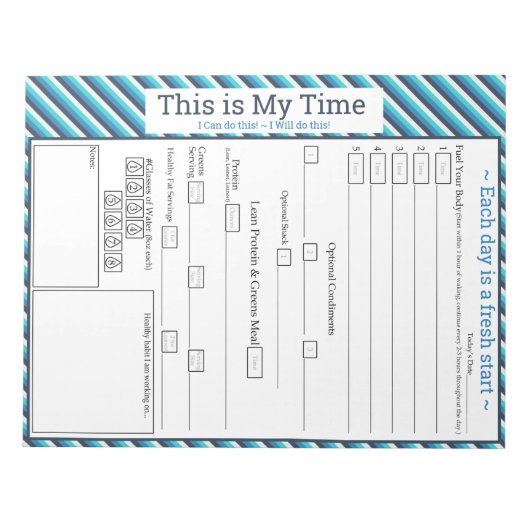 Aquamarin/blau gestreifte 5-1-Mehltracker Notizblock (Vorderseite)