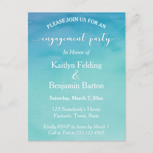 Aquamarin & blau Ombre Watercolor Engagement Party Einladungspostkarte (Vorderseite)