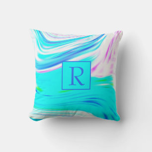 Aquamarin Blau Pink Abstrakt Waves Monogramm Niedl Kissen