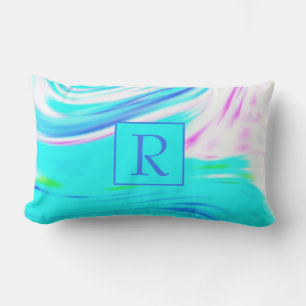 Aquamarin Blau Pink Abstrakt Waves Monogramm Niedl Kissen Für Draußen