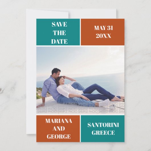 Aquamarin Blau, Rostfarbenblock Hochzeit Speichern Save The Date (Vorderseite)