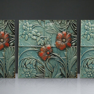 Aquamarin Blau Rote Florale Organische Muster Fliese