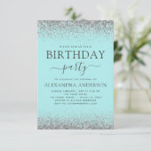 Aquamarin Blau Silber jedes Alters Geburtstag Glit Einladung (Stehend Vorderseite)