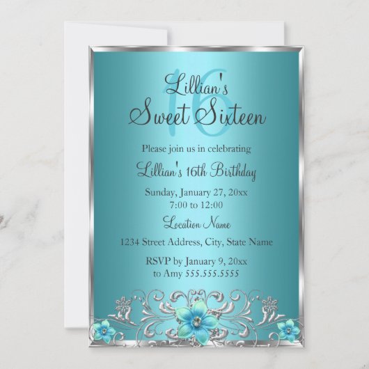 Aquamarin Blau Silberblütenwirbel Sweet 16 Einladu Einladung (Vorderseite)