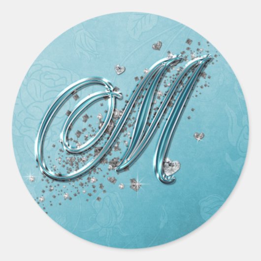 Aquamarin Blau Silver Glitzer Script Text Monogram Runder Aufkleber (Vorderseite)