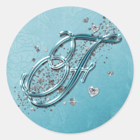 Aquamarin Blau Silver Glitzer Script Text Monogram Runder Aufkleber (Vorderseite)