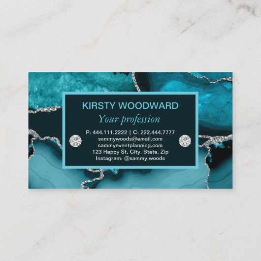 Aquamarin Blau und Silber Glitzer Agate Visitenkarte (Rückseite)