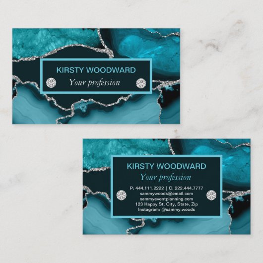 Aquamarin Blau und Silber Glitzer Agate Visitenkarte (Vorne/Hinten)