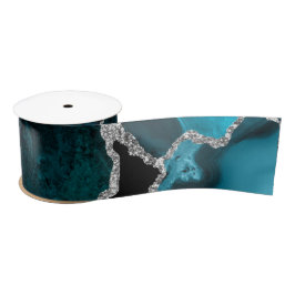 Aquamarin Blau und Silber Imitate Glitzer Agate Satinband