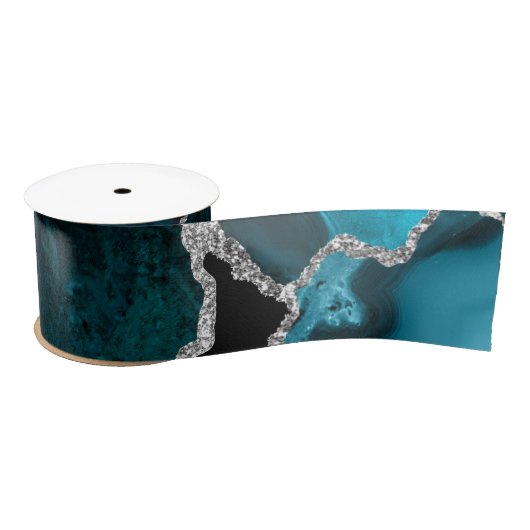 Aquamarin Blau und Silber Imitate Glitzer Agate Satinband (Spule)