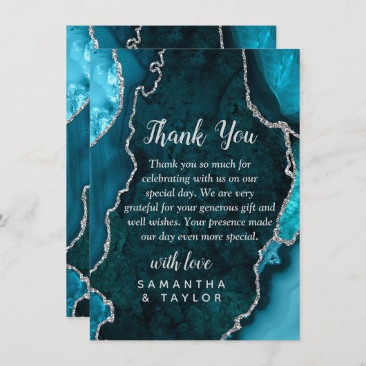 Aquamarin Blau- und Silberagate-Marmorhochzeit Dankeskarte (Vorne/Hinten)