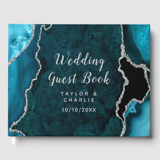 Aquamarin Blau- und Silberagate-Marmorhochzeit Gästebuch (Vorderseite)