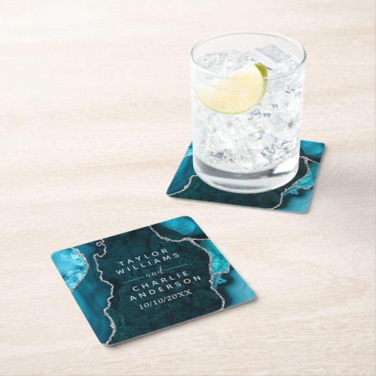 Aquamarin Blau- und Silberagate-Marmorhochzeit Rechteckiger Pappuntersetzer (Vor Ort)