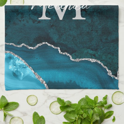 Aquamarin Blau und Silbermarmor Agate Geschirrtuch (Gefaltet)