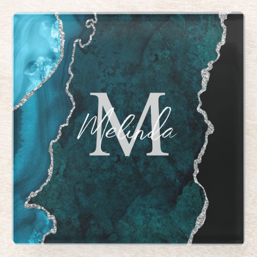 Aquamarin Blau und Silbermarmor Agate Glasuntersetzer (Vorderseite)