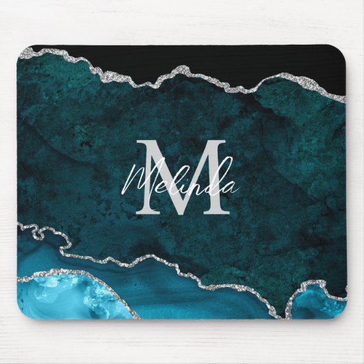 Aquamarin Blau und Silbermarmor Agate Mousepad (Vorne)