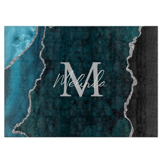 Aquamarin Blau und Silbermarmor Agate Schneidebrett (Vorderseite)