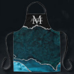 Aquamarin Blau und Silbermarmor Agate Schürze<br><div class="desc">Diese Schürze besticht durch einen eleganten und glamourösen Marmorhintergrund mit geode gemstone Details und Imitaten silbernen Glitzer Akzenten. Das Monogramm kombiniert handgeschriebene Skripte mit modernen serifenlosen Schriftart für ein elegantes und raffiniertes Aussehen. Dies wird das ideale Geschenk, da es mit einem Namen und Initial angepasst werden kann. Die tiefen aquamarinen...</div>