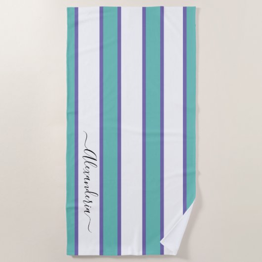 Aquamarin-blau-weiß-moderne Preppy-Strip-Pool oder Strandtuch (Vorderseite)