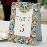 Aquamarin-Blaubraun-Vintag-Talavera-Hochzeit Tischaufsteller<br><div class="desc">Aquamarin Blau und braun farbige Vintage mexikanische talavera azulejo Hochzeitskarten Tischnummer,  handschriftlich lässiger Schriftart mit Hochzeitsempfang Tischnummer Karten personalisierte Empfang Dekoration</div>