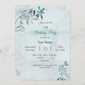 aquamarin-blaue Blätter botanische Geburtstagsfeie Einladung (Vorne/Hinten)