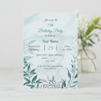 aquamarin-blaue Blätter botanische Geburtstagspart Einladung
