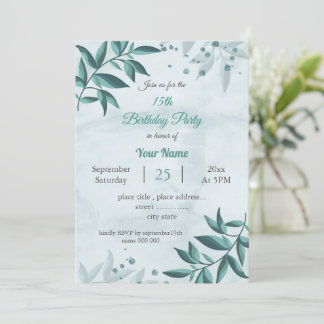 aquamarin-blaue Blätter botanische Geburtstagspart Einladung
