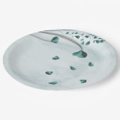 aquamarin-blaue fallende Blätter botanisch Pappteller (Schrägansicht)