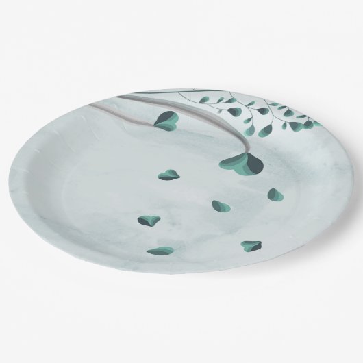 aquamarin-blaue fallende Blätter botanisch Pappteller (Schrägansicht)