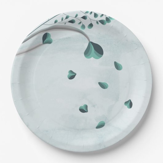 aquamarin-blaue fallende Blätter botanisch Pappteller (Vorderseite)