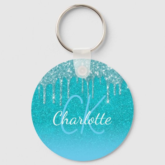 Aquamarin-blaue Glitzer-Tropfen Aqua-grüne Monogra Schlüsselanhänger (Vorderseite)
