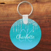 Aquamarin-blaue Glitzer-Tropfen Aqua-grüne Monogra Schlüsselanhänger (Vorderseite)