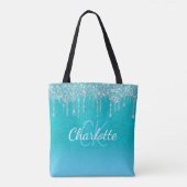 Aquamarin-blaue Glitzer-Tropfen Aqua-grüne Monogra Tasche (Rückseite)