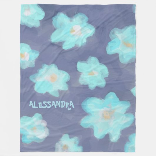 Aquamarin blaue Monogramm-Wildblumen in Aquarellfa Fleecedecke (Vorderseite)