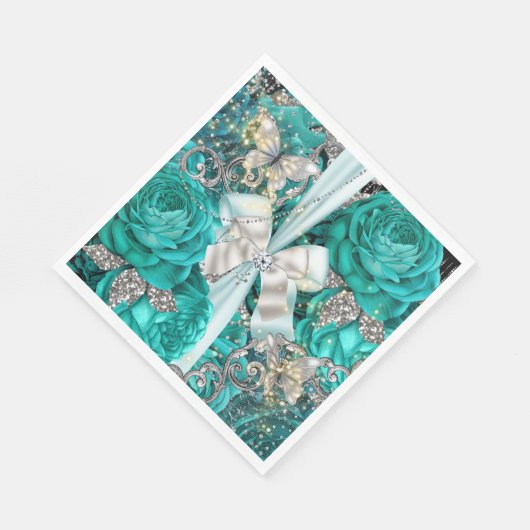 Aquamarin-blaue Schmetterling-Rose Vintag Serviette (Ecke)