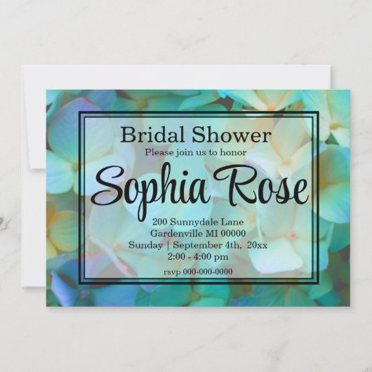 Aquamarin-blaugelbe Hydrangeas-Blume Einladung (Vorderseite)